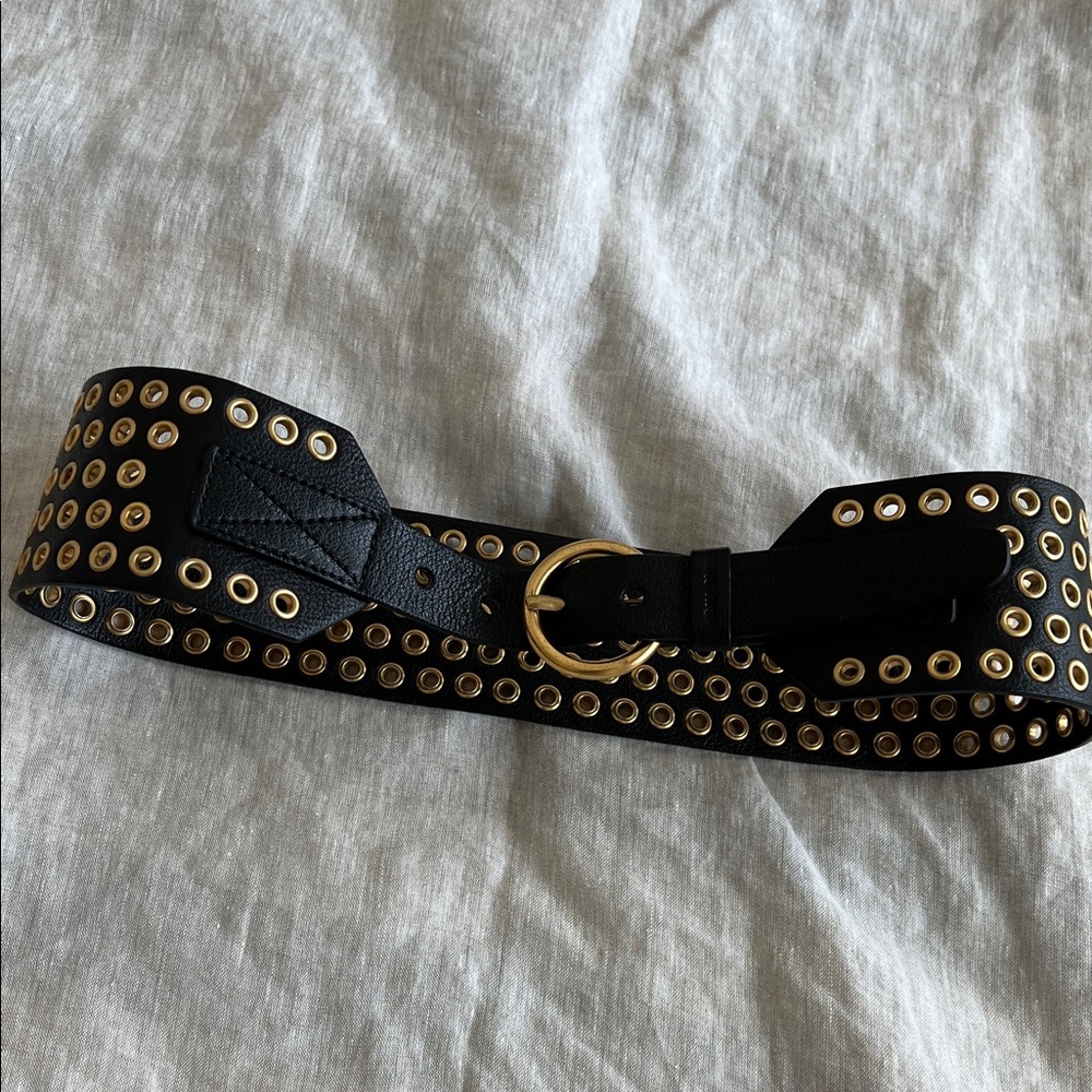 Miu Miu Black Leather Wide Eyelet Belt with Gold Buckle